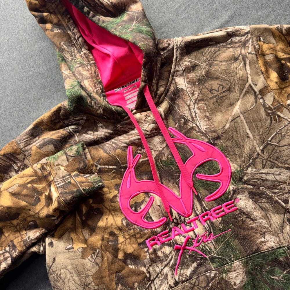 Realtree Xtra Camo Hoodie Pink Logo Girls Large 12-14 Camouflage Sweatshirt